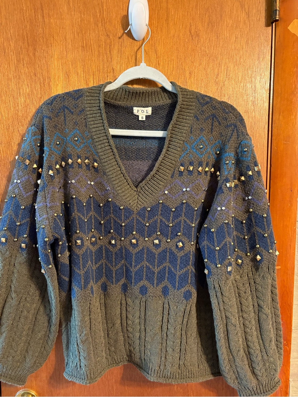 POL Women’s V-Neck Studded Patterned Sweater - Green and blue